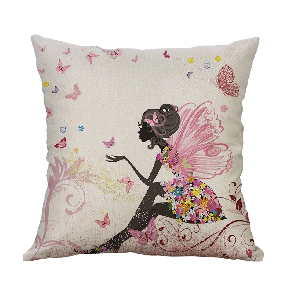 Цветы и подушка с изображением бабочек, наволочка для девочки-феи, льняная декоративная подушка на талию, чехол для дивана, Декор, Almofadas, 45x45 см - Цвет: B