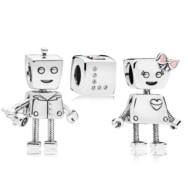 

100% 925 Sterling Silver Valentine's Day Robot Love Beaded Charm Set Jewel Beads fine products Fashion Women Jewelry