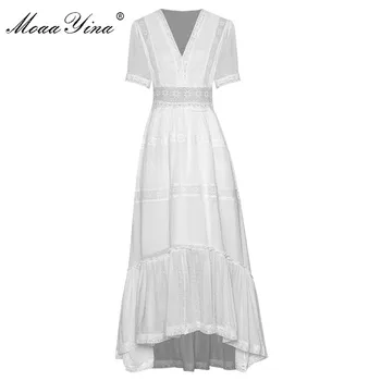 

MoaaYina Fashion Designer dress Summer Women's Dress V-neck Short sleeve Patchwork Slim Elegant Asymmetrical Dresses