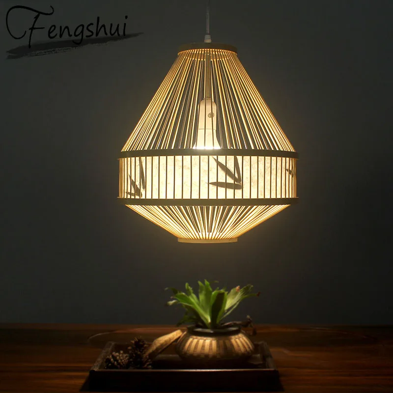 Japan Style Bamboo Pendant Lights Lighting LED Light Fixture Pendent Lamp Dining Living Room Bedroom Kitchen Cafe Hanging Lamp