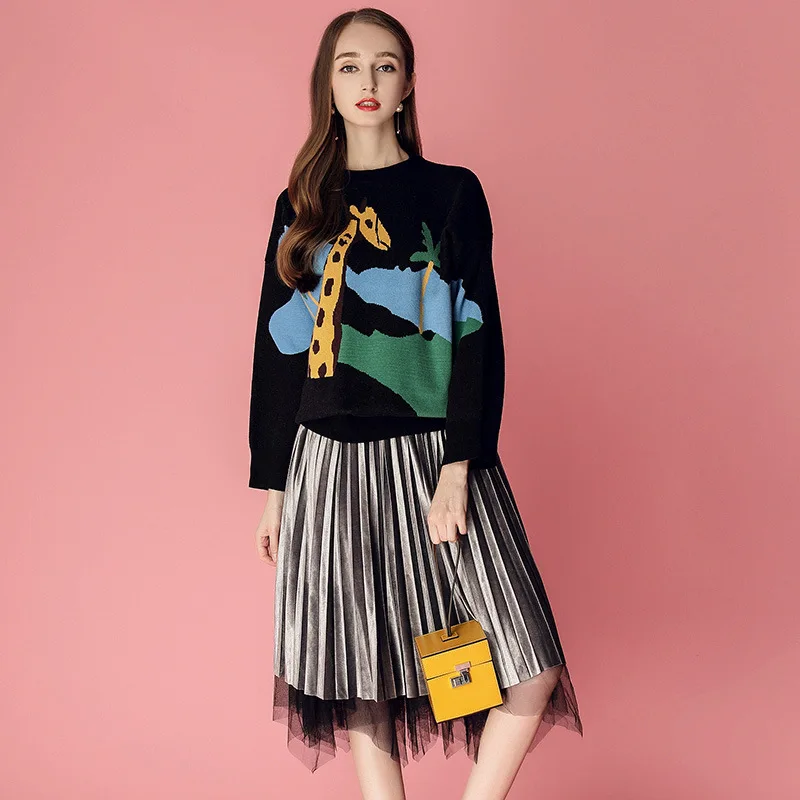 

Ozhouzhan 2018 Autumn Clothing New Style Cartoon Loose-Fit Sweater Sweater + Gauze Joint Pleated Skirt Set