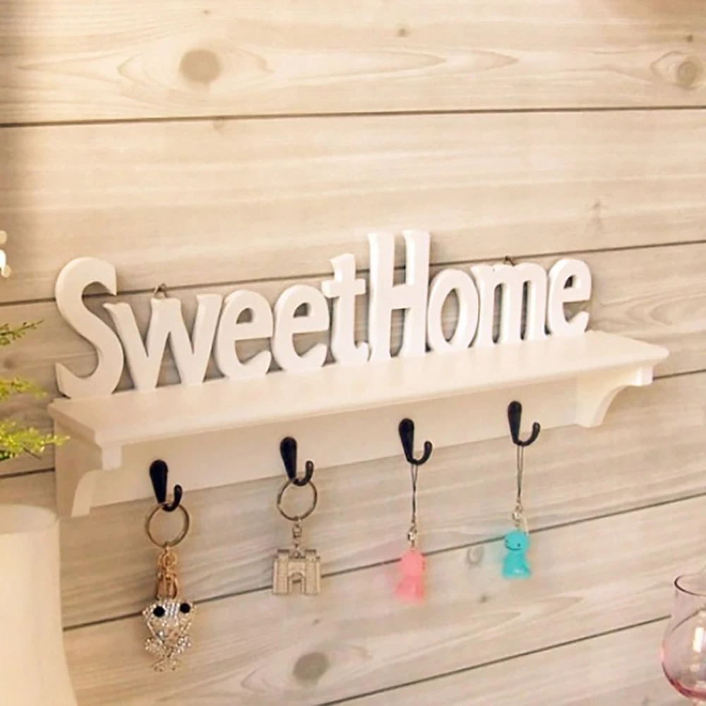 

1Pc "Sweet Home" Shelves Hat Key Holders 4 Hooks Storage Shelf Hanging Hooks Wall Mounted Rack Home Holder Storage Hanger Home