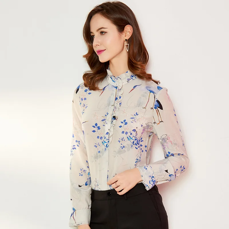 

Women's Blouses and Tops Silk white blue Floral printed Office Formal Casual Shirts Plus Large Size Spring Summer Sexy Femme