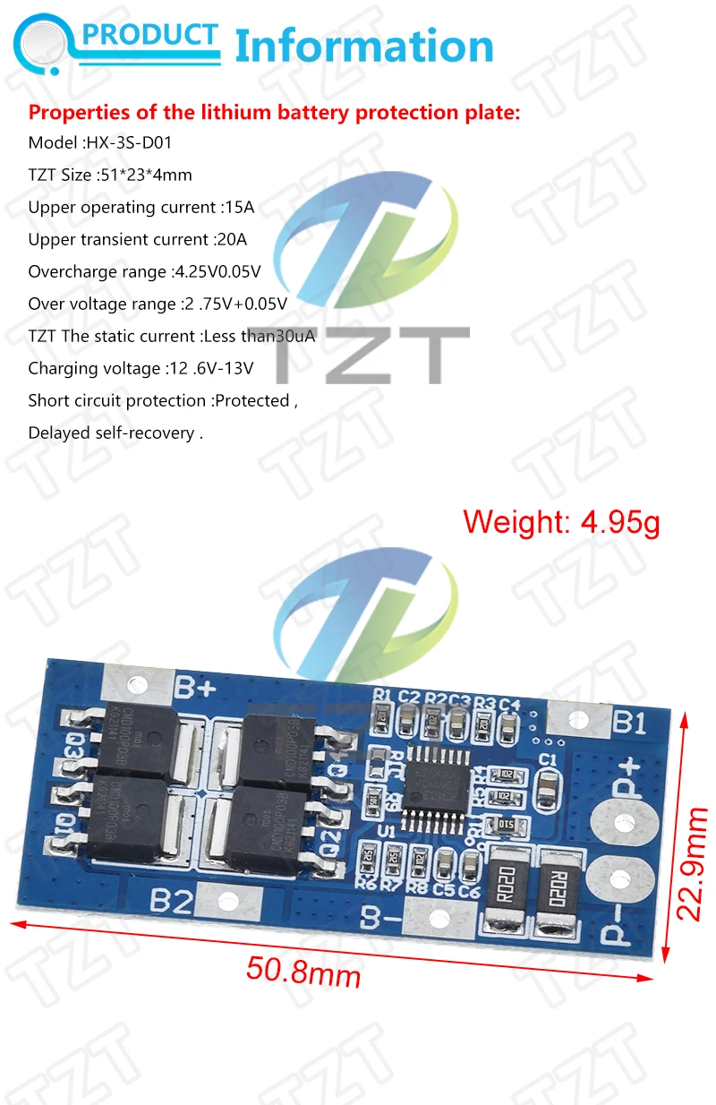 3S 20A 18650 Li-Ionen-Akku-Ladeschutzplatine TZT 10,8V 11,1V 12V 12,6V Elektrisches 10A Lipo BMS PCB PCM Modul – Detail 1