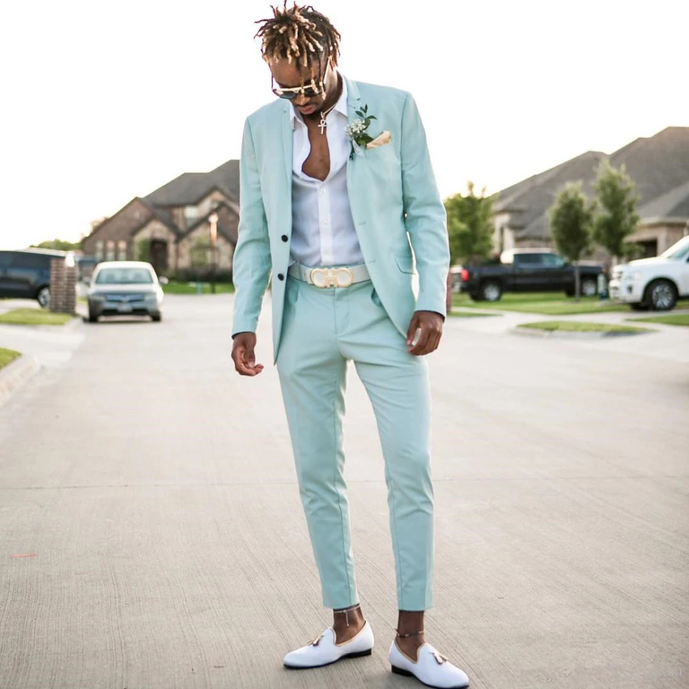 

Summer Beach Mint Green Men Suits Two Pieces Lapel Groomsmen Suits Solid Color Men Wedding Prom Suits Jacket+ long Pant 2020