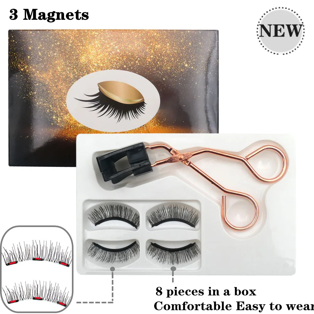 3D Natural Magnetic Eyelashes 2 Pairs 8PCS Handmade Reusable 3 Magnets