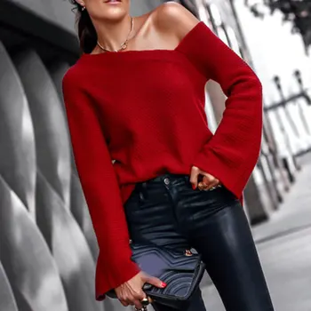 

Tops Jumper Sweaters Off Shoulder Knitted Solid Pullovers Sweater Cold Shoulder Women Casual Sexy Sweater Wine Red Black V-neck