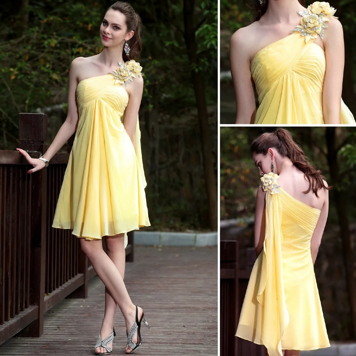 

free shipping 2016 yellow one shoulder flower chiffon tube top elegant cape banquet dress short Bridesmaid Dresses