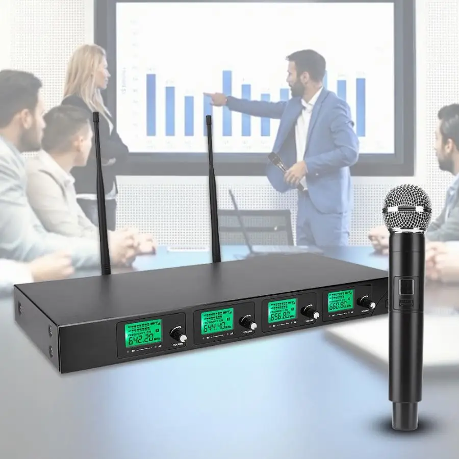 

Handled Wireless Microphone UHF 621.5MHz-643.7MHz 4 Channels Microphone for Meeting Conference Built-in Spiral Antenna Microfone