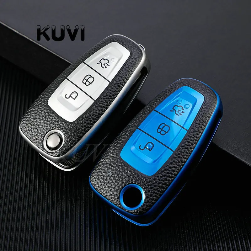 Leather TPU Car Key Case Cover for Ford Ranger C-Max S-Max Focus Galaxy Mondeo Transit Tourneo Auto Key Holder keychain