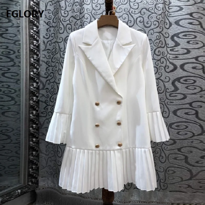 

High Quality Blazer Dress 2019 Autumn Style Women Notched Collar Golden Buttons Up Flare Sleeve Pleated Work Dress White Black