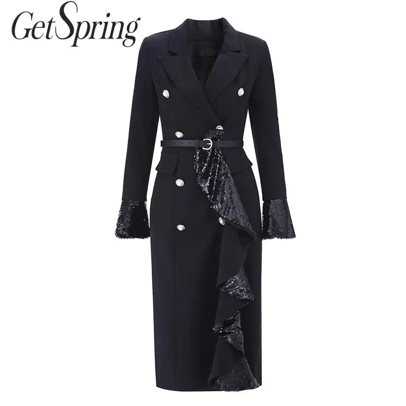 Getвесеннее женское платье двубортное с длинными рукавами расшитое блестками