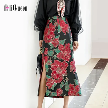 

High Quality Women Autumn Spring Flower Print Skirt High Waist Ladies Elegant Sexy Side Split Runway Retro Midi Skirts Womens
