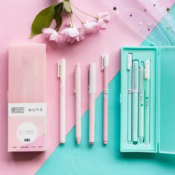 

4PCS Pink Mint Sakura Gel Pen Set with Pencil Box The Office Pens 0.5mm Black Ink Cute School Girls Gift Stationery