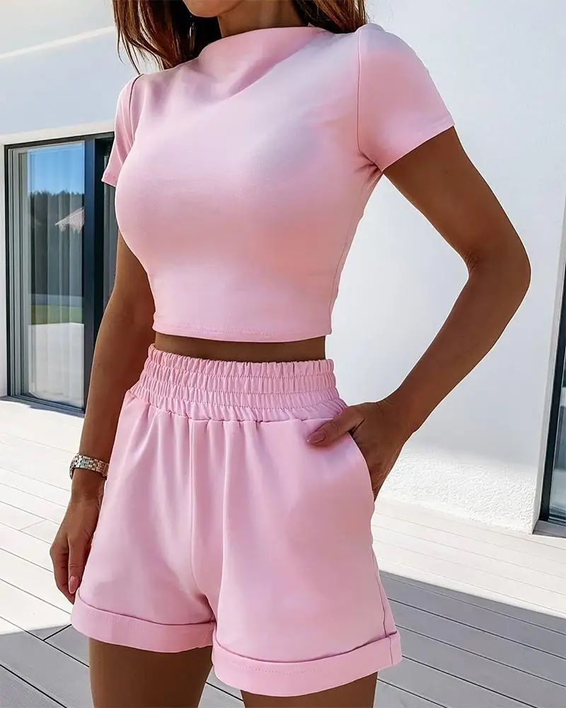 Nuevas mujeres de verano casuales ropa de dos piezas chándal bolsillos sueltos pantalones cortos de mujer con cuello redondo Conjuntos Casuales