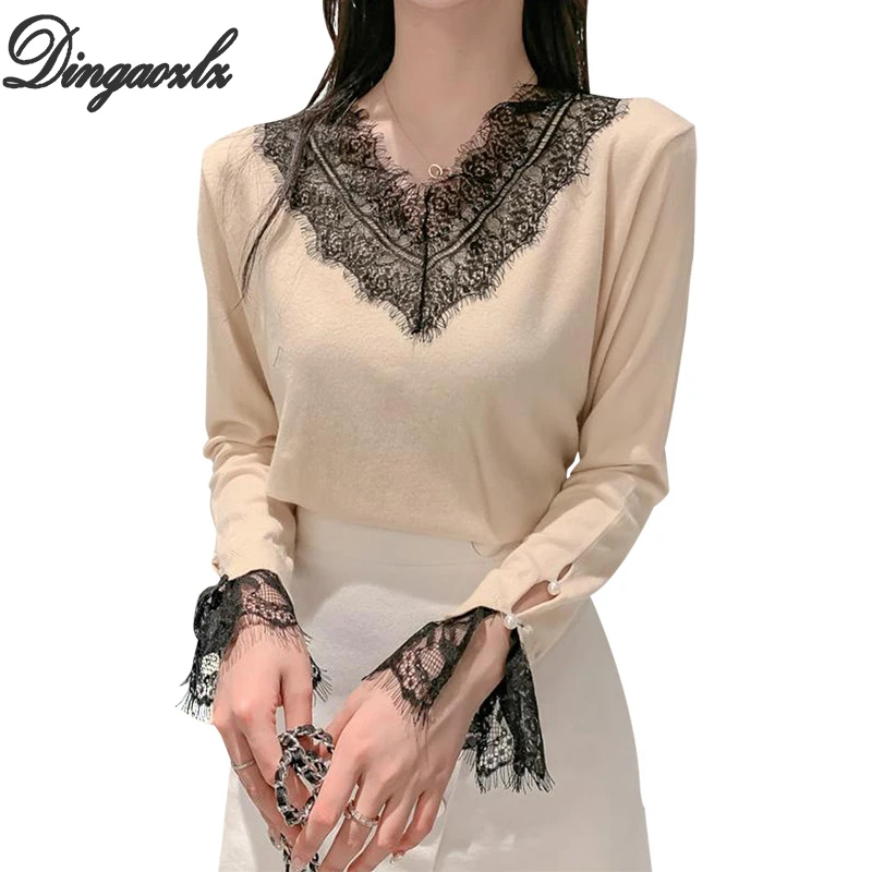 

Dingaozlz Autumn Women Knitted Sweater New Korean Fashion clothing Stitching Pullovers V-neck Long sleeve Lace shirt