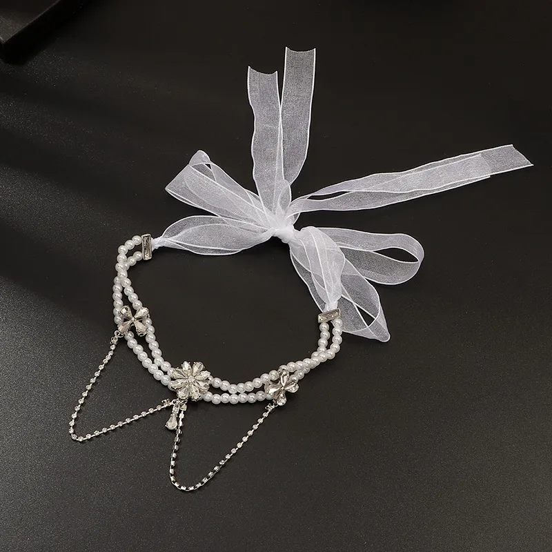 DoreenBeads модное Серебрянное колье, чокер, белый бант, цветок, имитация жемчуга, прозрачные стразы для женщин, длина 96 см, 1 шт