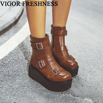 

VIGOR FRESHNESS Women's Boots Motorcycle Autumn Shoes Woman Platform Boots Ladies Winter Ankle Boots Buckle Sizes 34-46 MY394