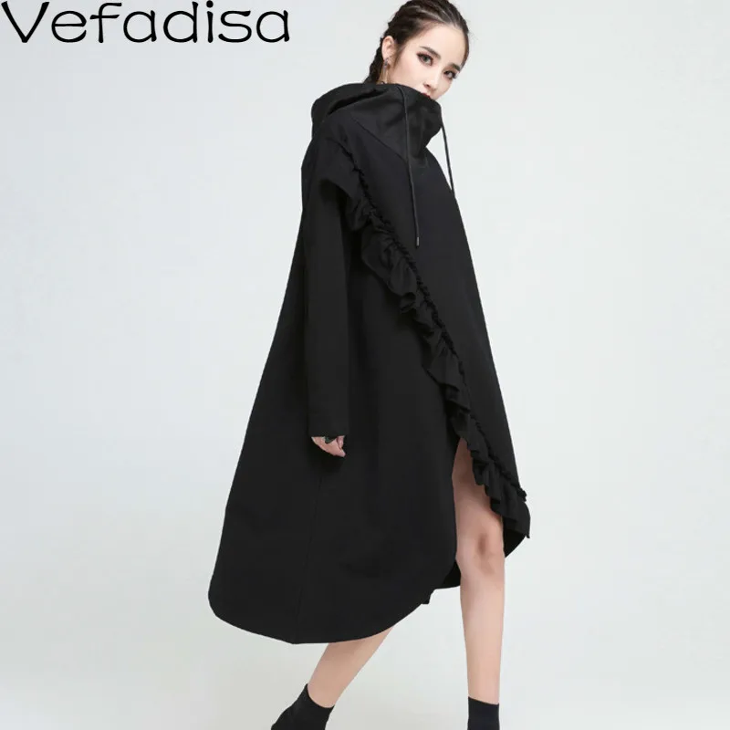 

Vefadisa Autumn Woman Casual Cotton Solid Pullover Dress Loose Ruffles Hooded Dress Knee-Length Irregular Dress 2019 QYF337