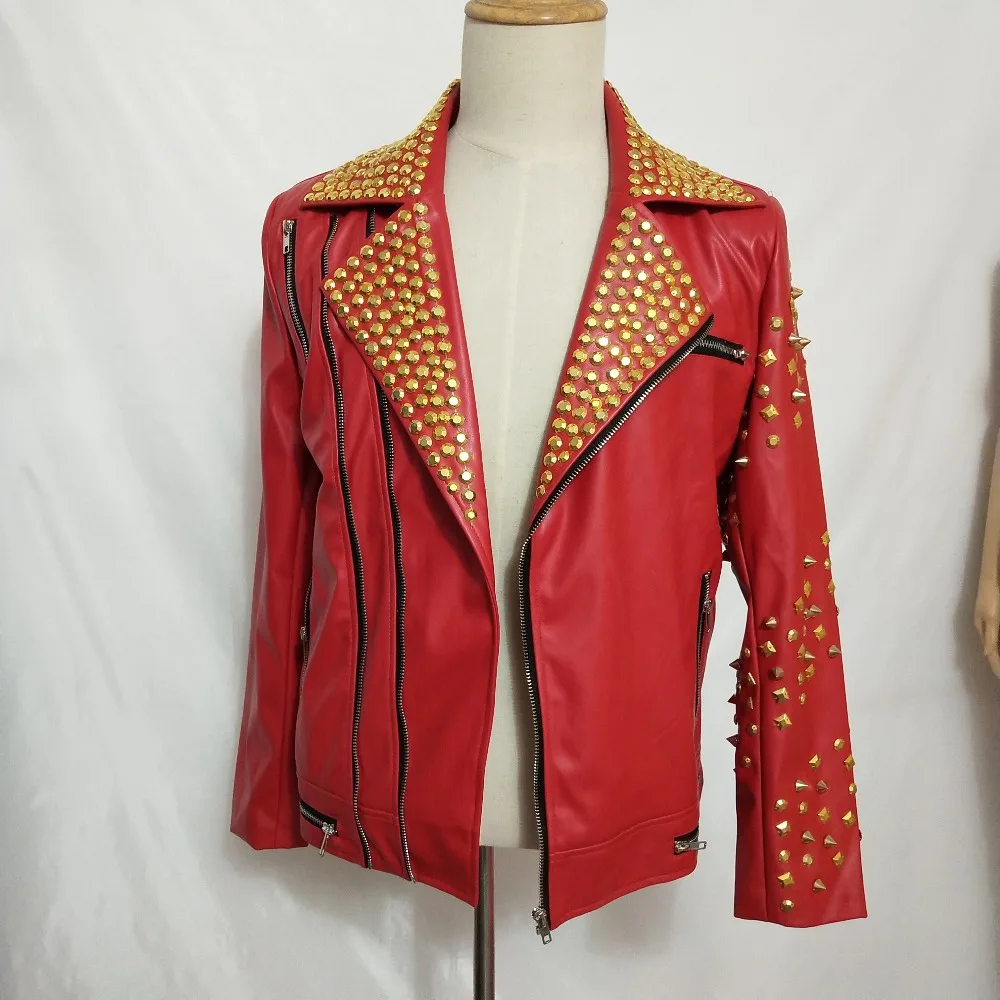 Куртка из искусственной кожи с заклепками на молнии для мужчин и певиц, пальто из лакированной кожи в стиле панк, пальто с мехом для мотоцикла, одежда для сцены для диджея