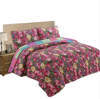 

Quilted bed cover sheet cotton cotton grain embroidery printing three-piece set