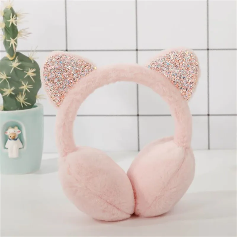 pink Винтажные зимние осенние искусственные меховые наушники с милым котом, наушники на уши плюшевые наушники для девочек, женские обручи для волос, блестящие наушники - Цвет: pink