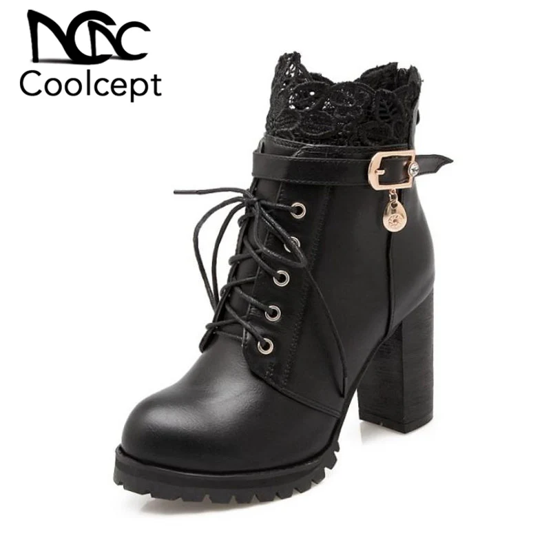 

Coolcept Ladies Cross Strap 4 Colors Plus Size 32-46 Ankle Boots Buckle Winter High Heels Short Boots Platform Brand Footwear
