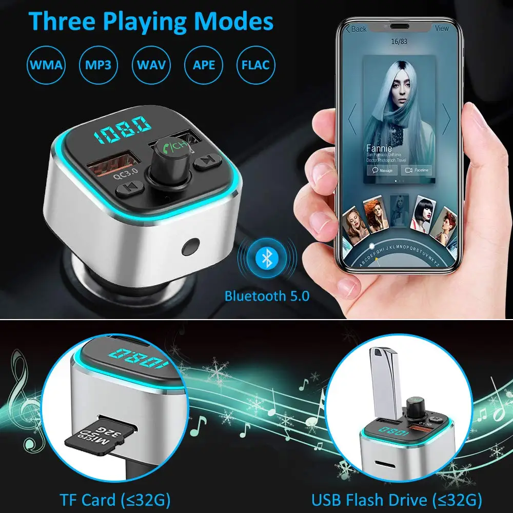 Fm-передатчик Bluetooth Автомобильный/fm-модулятор 6 цветов светодиодный беспроводной радиопередатчик с подсветкой Автомобильный адаптер с зарядкой QC3.0