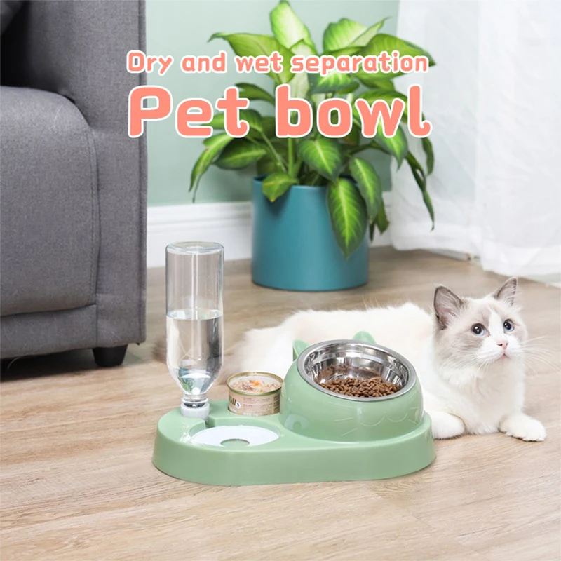 Cat Dog Bowl Automatic Feeder Pet Cat Food Bowl with Water Dispenser 15 Degrees Tilted Stainless Steel Puppy Feeding Supplies