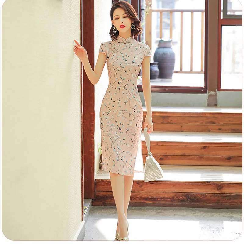 

Pink Print Flower Young Lady Satin Casual Dress Mandarin Collar Short Sleeve Gown Vintage Button Qipao Vestidos Oversize 3XL