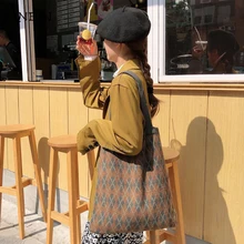 

Lady Knitting Shoulder Bag for Women Vintage Fashion Cotton Cloth Girl Tote Classic Large Capacity Female Shopping Handbag