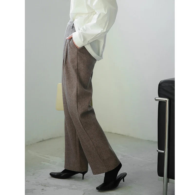 Осенние и зимние шерстяные повседневные брюки женские свободные случайные брюки высокой шерсти прямые брюки шерстяной костю