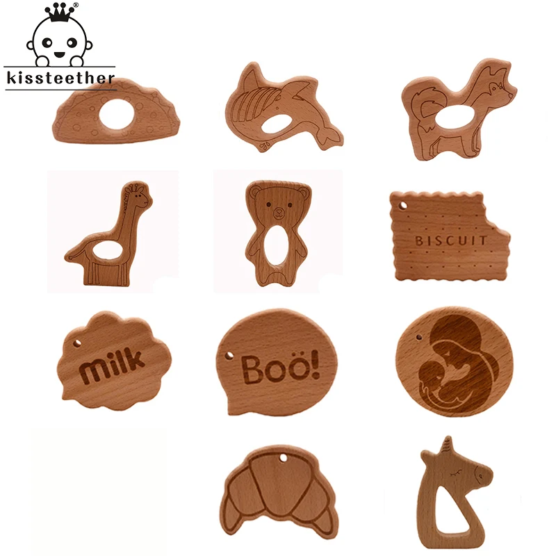 Wooden Teether Rings Natural Wood Teething Toys for Infant,Wooden Teether Animals for Toddler,Baby Soothing Pain Relief Toys