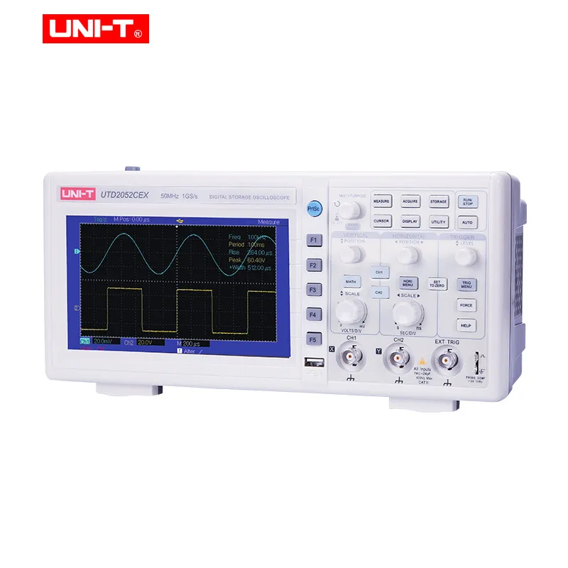 UNI-T UTD2052CEX цифровой накопитель осциллографы 2CH 50 МГц 1Gsa прицел метр 7 дюймов широкоформатный ЖК-дисплей USB OTG интерфейс