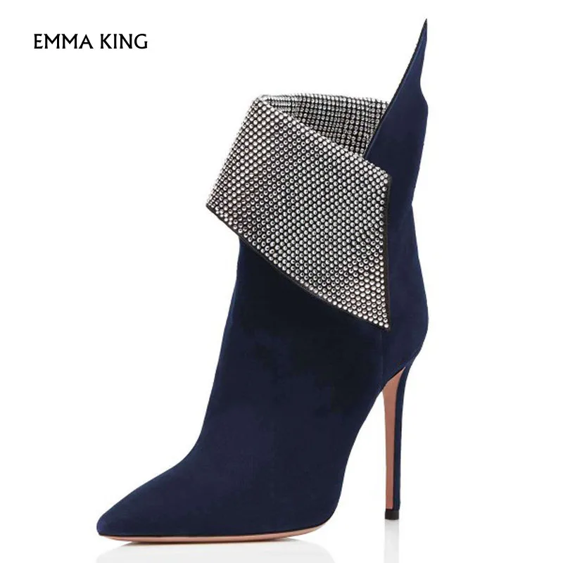 Темно-Синие ботильоны для женщин со стразами с острым носком на шпильке; модные ботинки на высоком каблуке; Botas Mujer; ; женская обувь для вечеринок