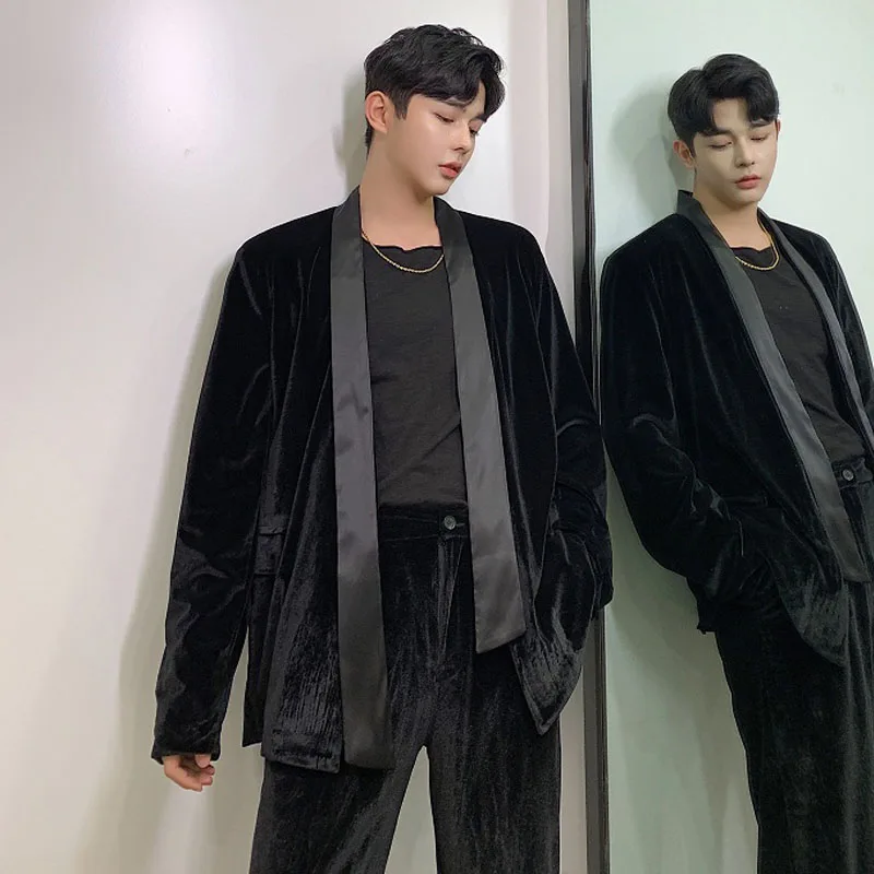 Male Vintage Fashion Streetwear Hip Hop Loose Casual Velvet Cardigan Blazer Suit Jacket Men 2PCS Suits Sets(jacket+pants