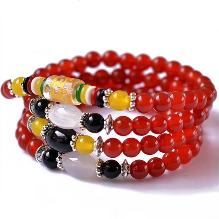 

Natural red agate Tibetan silver partition road through the bracelet women's jade agate six-word truth 6MM108 hand string