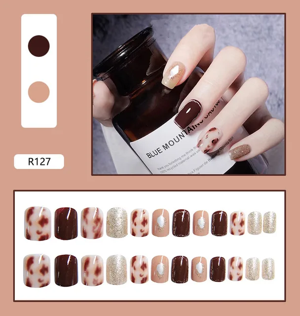 24 Sheet/Set Cute Face Fake False Nail Tips Grid Round Full Cover Glue Manicure Makeup New Design Pure Art Nail Stickers R127