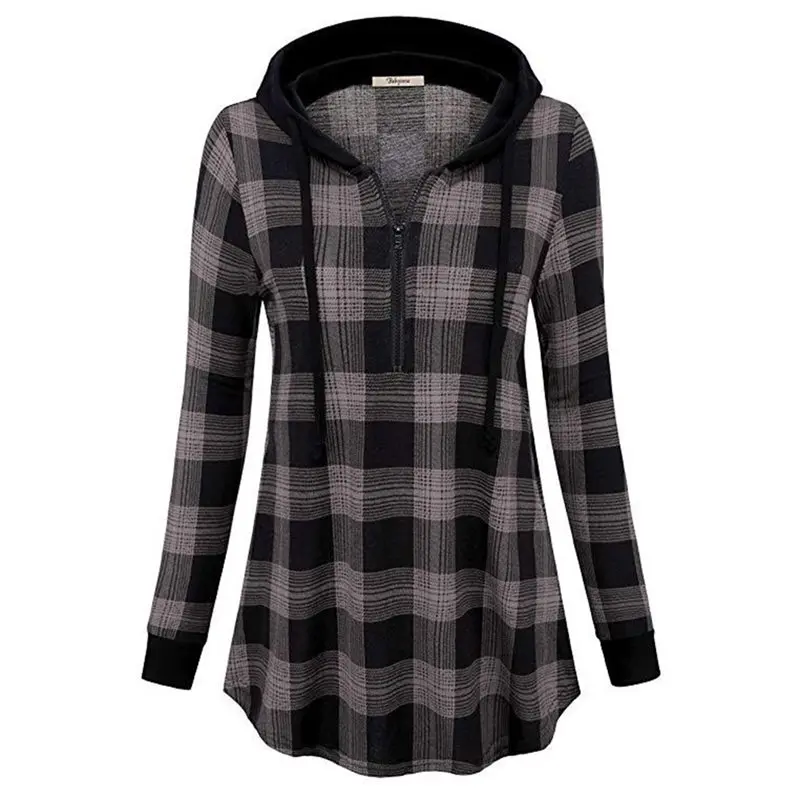 

2019 Autumn Hoodies Women Coat Long Sleeve Black Red Patchwork Plaid Pollover Sweatshirts Casual Hooded Female Streetwear