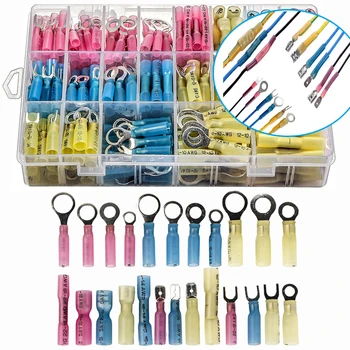 

240Pcs Insulated Crimp Terminals Assortment Ring Butt Spade Heat Shrink Wire Connectors Waterproof Marine Automotive Electrical
