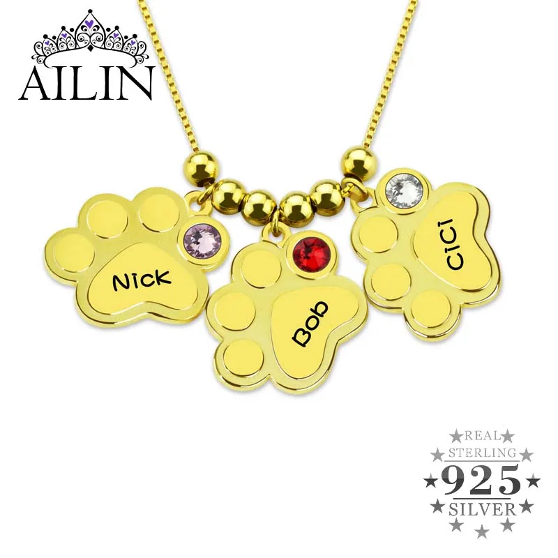 

AILIN 1-5 Paws Family Name Necklace Beads Custom Cubic Zirconia Jewelry 925 Silver Personalised Engraving Birthstone Necklaces