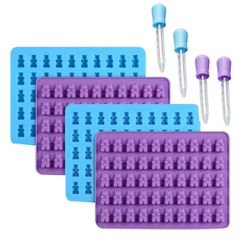 

50 Cavities Colorful Silicone Bear Gummy Candy Mold with 4 Dropper for DIY Candy, Jelly,Cookie,Chocolate,Ice -4 Pack
