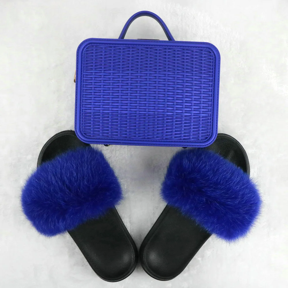 New Fashion Real Fox Fur Slippers for Women Customzed Plush Fur Slides Solid Color Female Hand Bags Sets