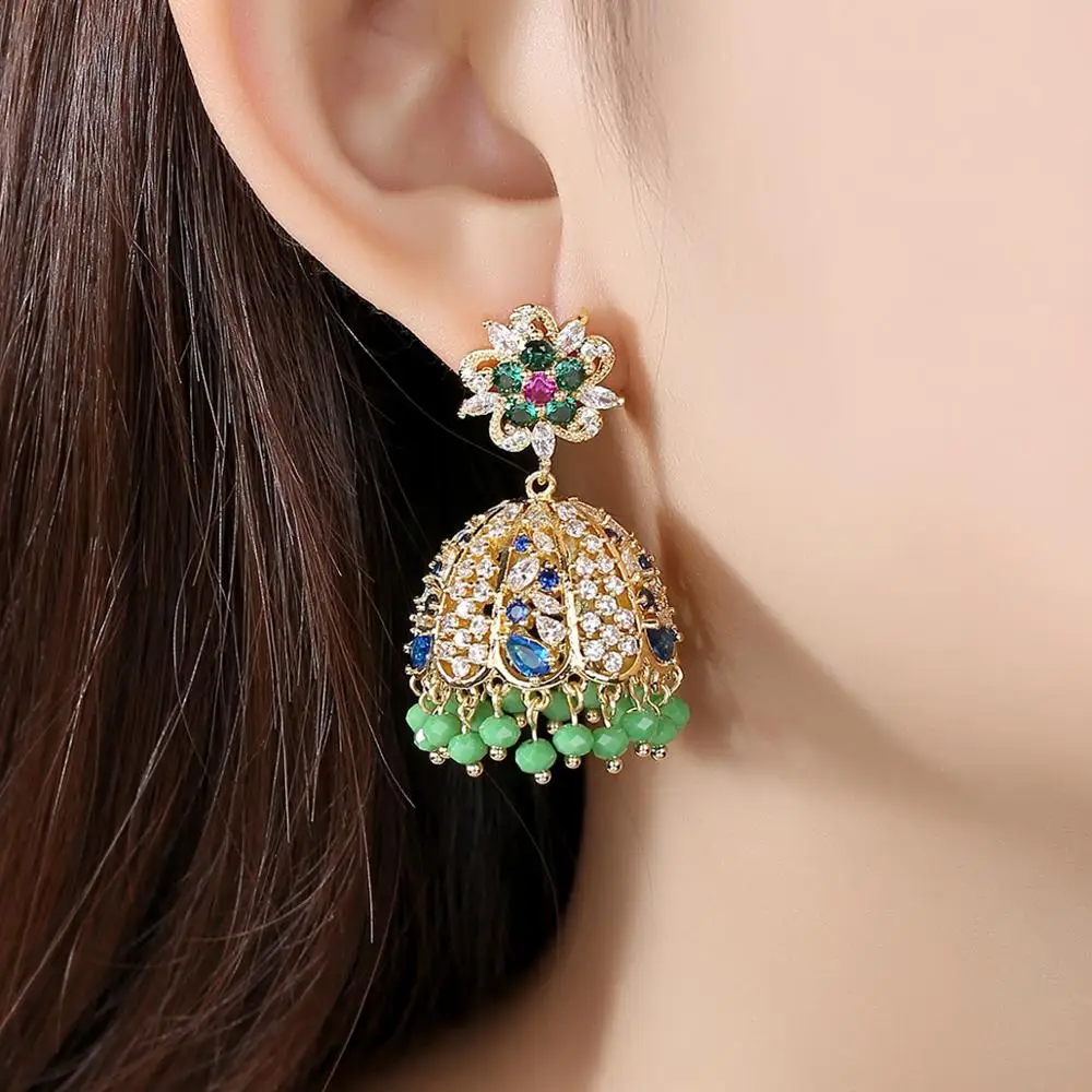 LUOTEEMI индийский Jhumka кристалл бусины Свадебные Висячие серьги для женщин Свадебные вечерние кисточки Pendientes Femme рождественские подарки