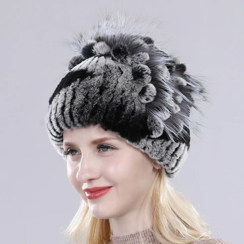 grey and black 2 Женская шапка из натурального меха кролика Рекс, вязаная шапка из натурального меха кролика рекс для русской зимы, женская шапка из натурального меха кролика и лисы, шапочки Skullies - Цвет: grey and black 2