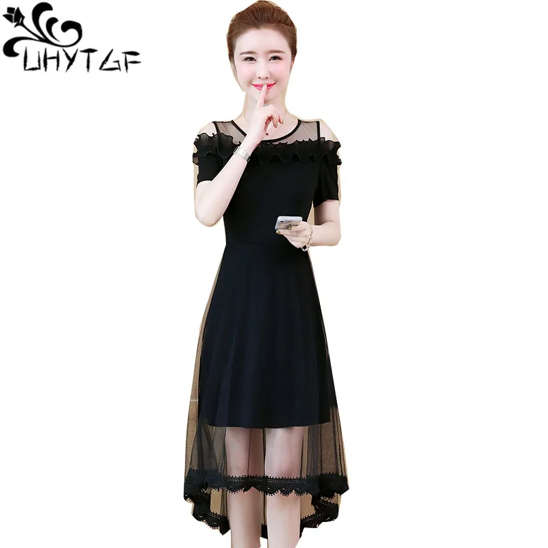 

UHYTGF Women 5XL Big Size Dresses Fashion Mesh Stitching Black Summer Dress Short-Sleeved Beach Long Elegant Female Clothes 1310