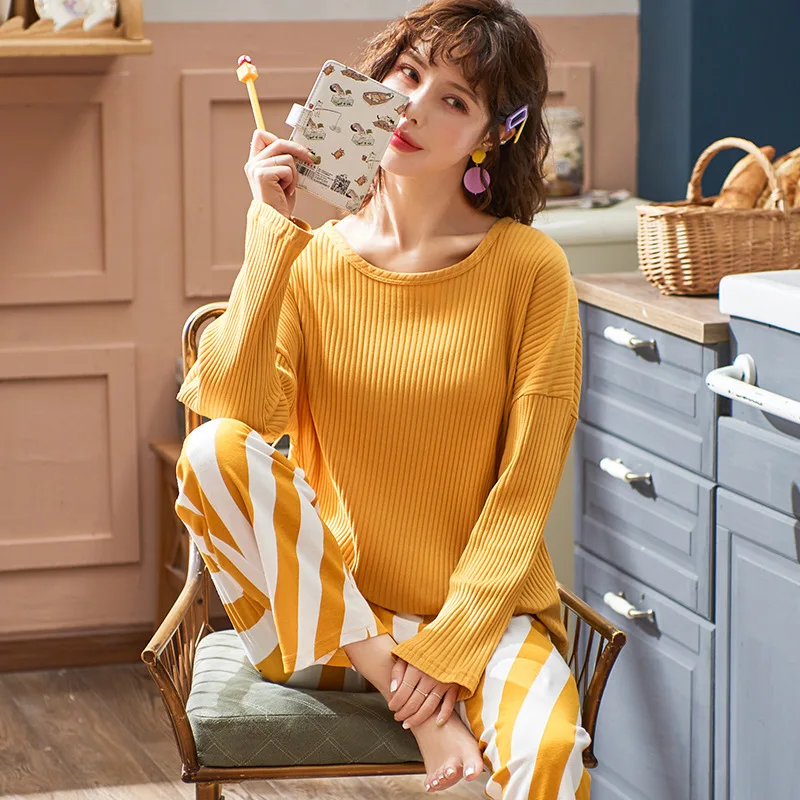Pijama invierno трикотажная Хлопчатобумажная Пижама женская рубашка с круглым вырезом и длинными рукавами брюки 2 комплекта простой повседневной домашней одежды пижамы - Цвет: Оранжевый