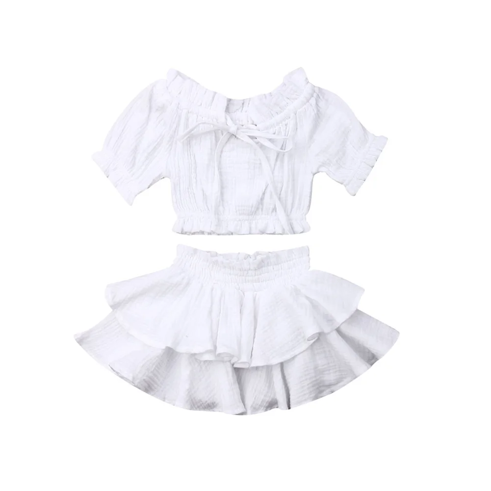От 0 до 4 лет, летние комплекты одежды для маленьких девочек, однотонные топы, рубашка+ юбки с оборками, Одежда для новорожденных - Цвет: Белый