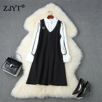 

Fashion New 2020 Autumn Winter Women Vestidos Elegant Lantern Sleeve White Loose Blouse and Dress 2 Piece Sets