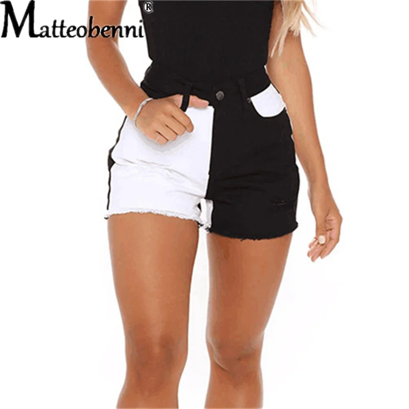 Summer Woman Street Denim Shorts Fashion High Waist Ripped Black White Color Contrast Casual Sexy Female Jeans Shorts